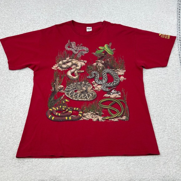 Anvil Other - Vtg AOP 1998 Anvil Snakes Graphic T-Shirt XL Red Nature Reptile Printed Image